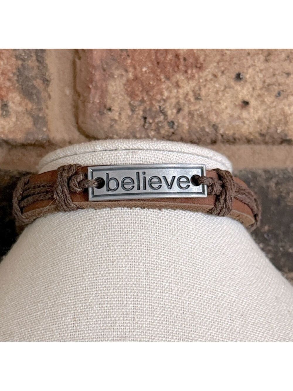BELIEVE Bracelet Vintage LEATHER & CORDING Brown Adjust Metal Plate + or - 8"